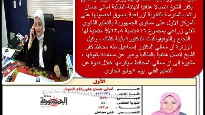 وكيل تعليم كفر الشيخ تهنئ الطالبة أماني حسان راشد لحصولها على المركز الأول على الجمهورية