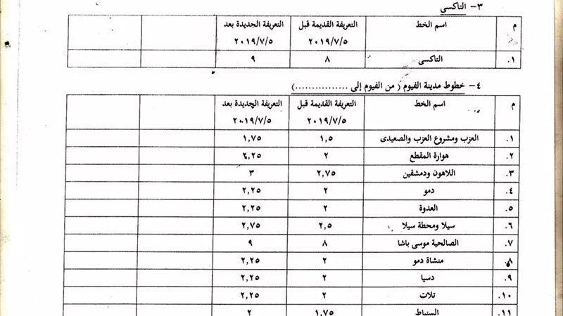 بيان بتعريفة النقل والمواصلات الجديدة