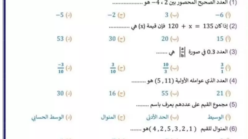 17 نموذج رياضيات من توجيه المادة للسادس الابتدائي ترم أول