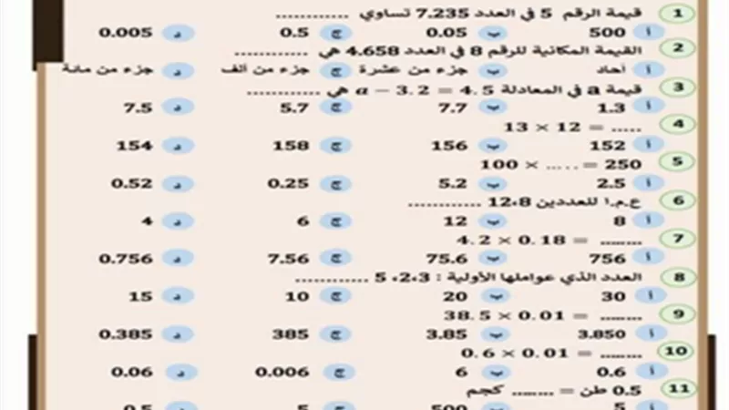 بالإجابات..المراجعة النهائية في الرياضيات لخامسة ابتدائي الترم الأول