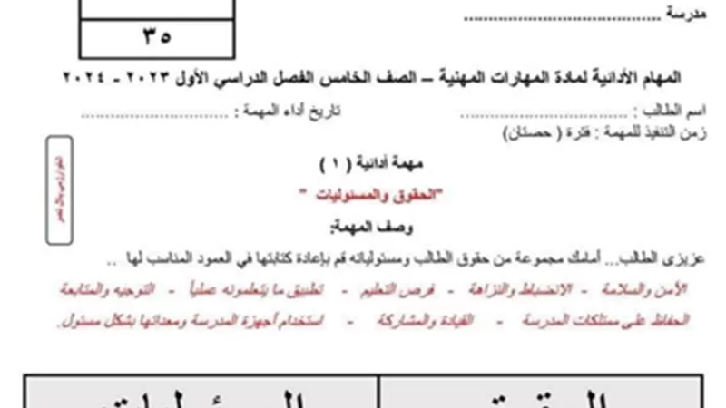 بالإجابات..المهام الأدائية في جميع المواد لخامسة ابتدائي ترم أول
