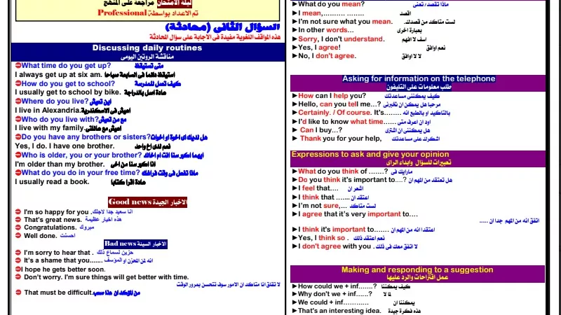 مراجعات ليلة الامتحان في الإنجليزي لثانية إعدادي الترم الأول