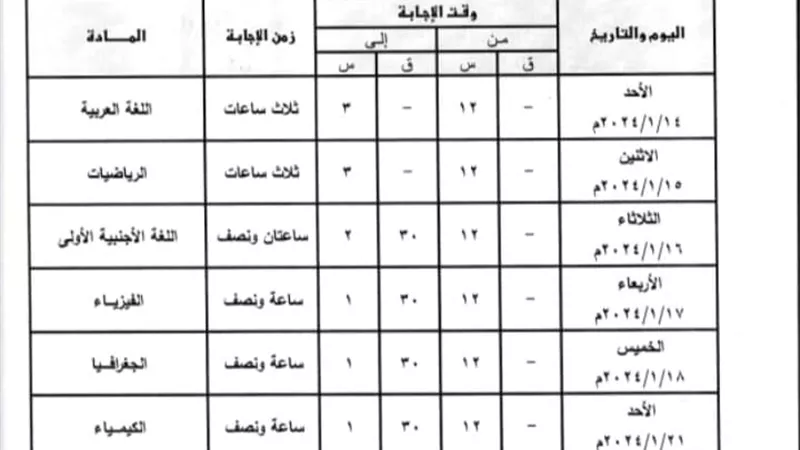 تبدأ الأحد.. جدول امتحانات أولى ثانوي الترم الأول 2024