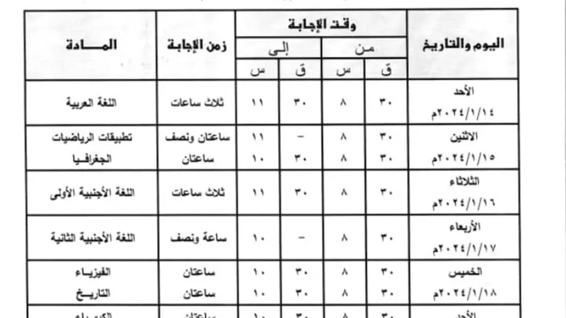 جدول امتحانات ثانية ثانوي الفصل الدراسي الأول 2024 .. تنطلق الأحد