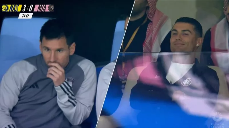 شاهد .. رد فعل رونالدو عند ظهور ميسى على شاشة الاستاد