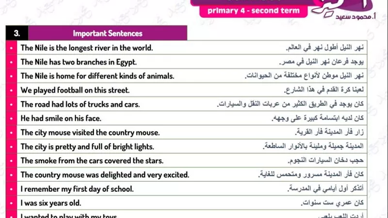 أبزر مذكرة في اللغة الإنجليزية 33 ورقة لـ الصف الرابع الإبتدائي