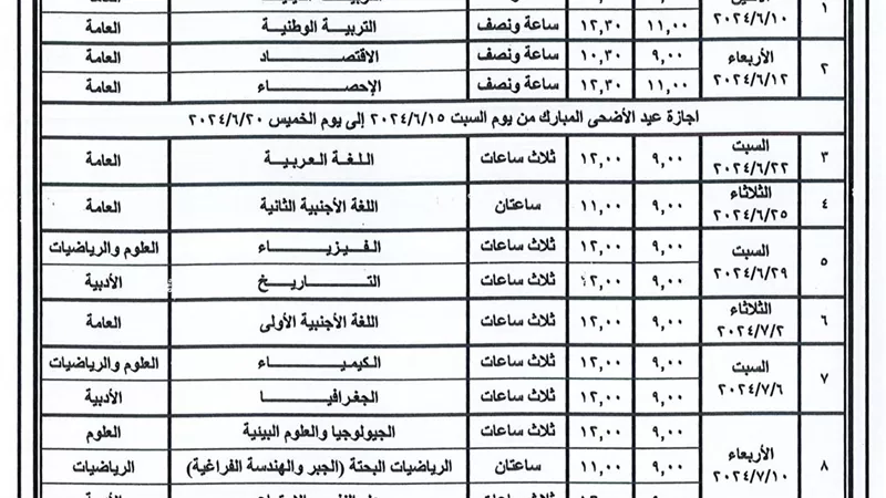 رسميا.. جدول امتحانات الثانوية العامة 2024