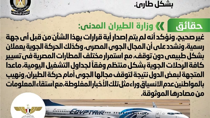 الحكومة تنفى إغلاق المجال الجوي المصري بشكل طارئ