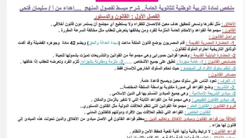 الثانوية العامة 2024.. ملخص شامل للتربية الوطنية في 4 ورقات فقط