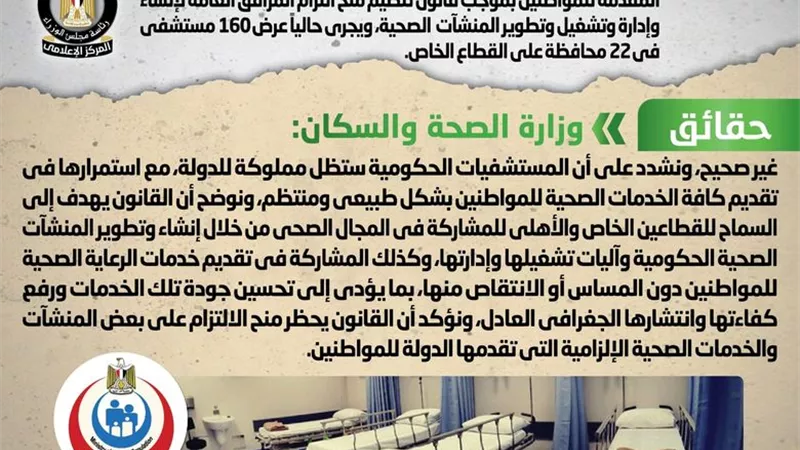 الوزراء ينفى بيع المستشفيات الحكومية ووقف الخدمات الصحية المقدمة للمواطنين