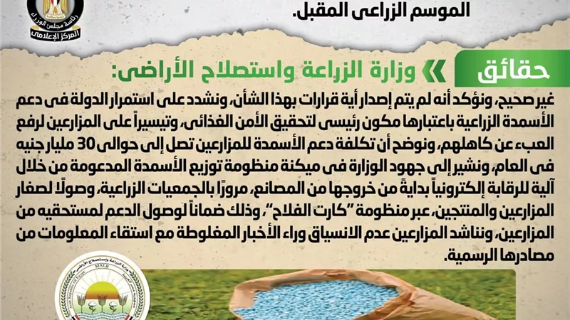 الحكومة تنفى رفع الدعم عن الأسمدة الزراعية بدءاً من الموسم المقبل