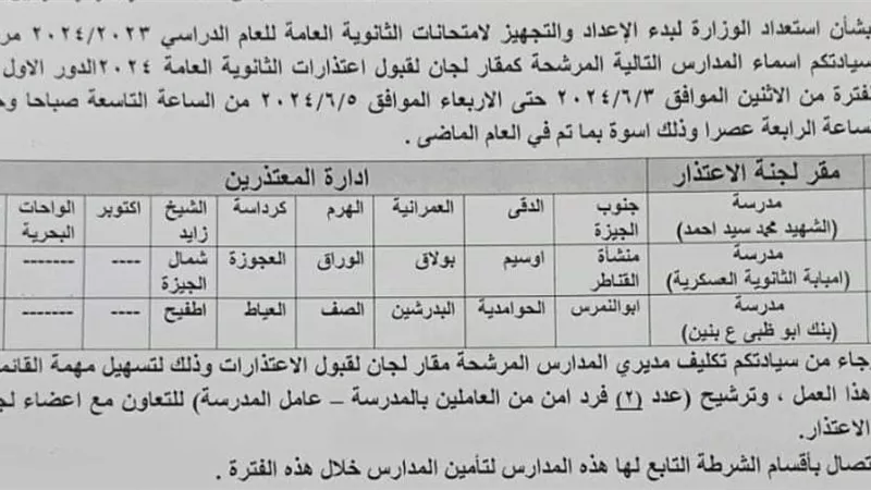 مقار اعتذارات الثانوية العامة ٢٠٢٤ بالجيزة