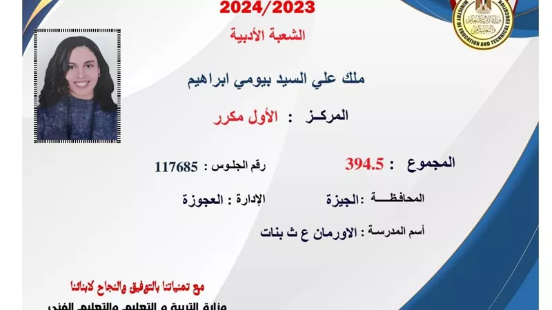 ملك على السيد بيومي تحصد المركز الأول مكرر في الثانوية العامة