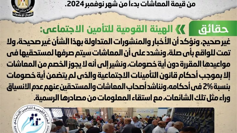 الحكومة توضح حقيقة إقرار هيئة التأمينات خصم بنسبة 2% من المعاشات