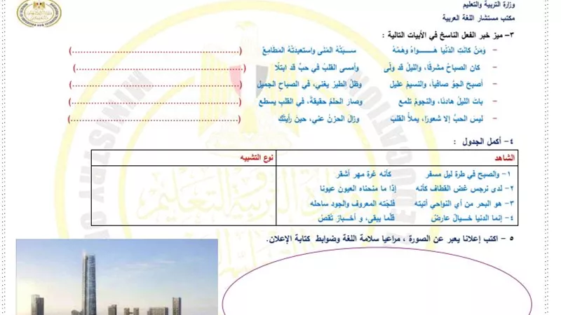 أسئلة تقييم الأسبوع الثالث والرابع العربي الصف الأول الثانوي