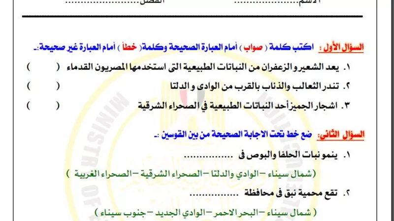 لطلاب خامسة ابتدائي .. أسئلة تقييم الأسبوع الخامس الدراسات الاجتماعية