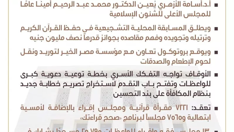 «الحصاد الأسبوعي».. نشاط مُكثف لوزارة الأوقاف دعويًّا واجتماعيًّا