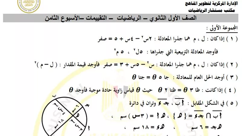 تقييمات الأسبوع الثامن في الرياضيات الصف الأول الثانوي