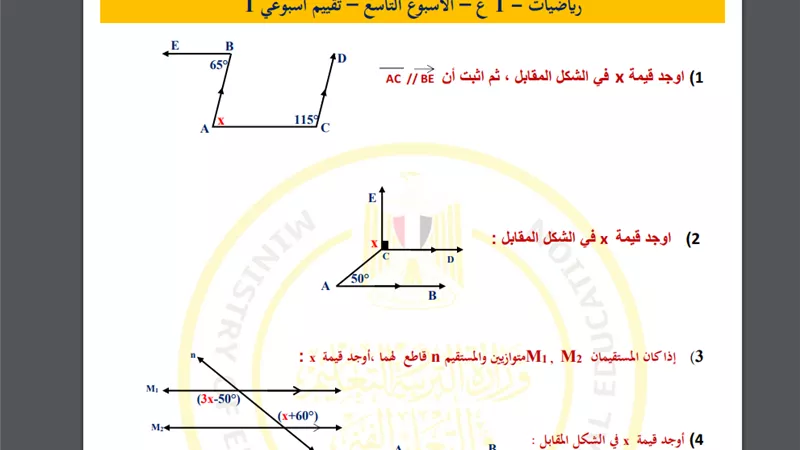 أسئلة تقييم الأسبوع التاسع في الرياضيات الصف الأول الإعدادي
