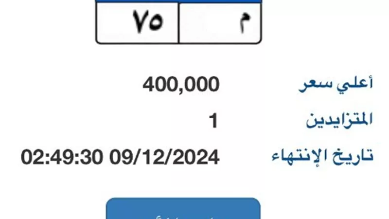 طرح لوحة مميزة للسيارات داخل المُزايدة بـ 400 ألف جنيه