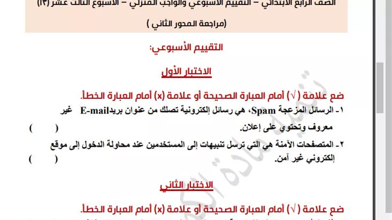 أسئلة تقييم الأسبوع الـ 13 الكمبيوتر الصف الرابع الابتدائي