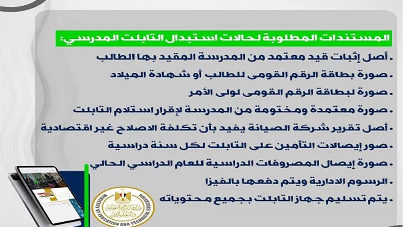 التعليم تعلن المستندات المطلوبة في حال استبدال التابلت المدرسي