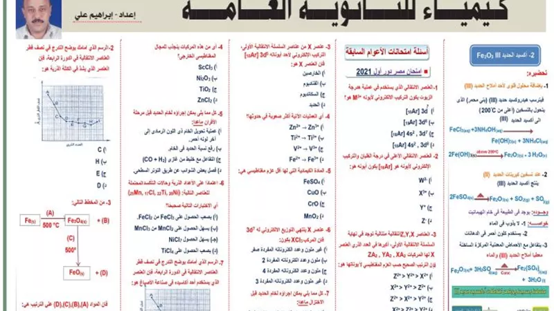 أسئلة امتحانات الأعوام السابقة في الكيمياء للثانوية العامة 2025