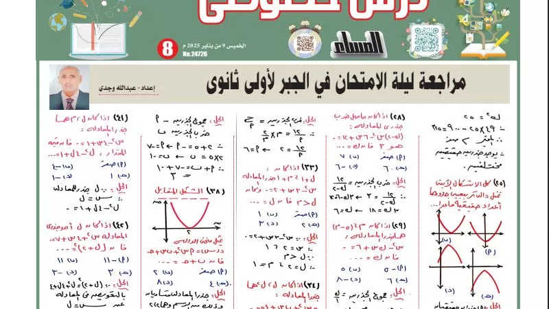66 مسألة وإجابتها في ليلة امتحان الجبر لـ الصف الأول الثانوي