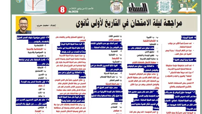 90 سؤالا وإجابتها في مراجعة ليلة امتحان التاريخ لـ الصف الأول الثانوي