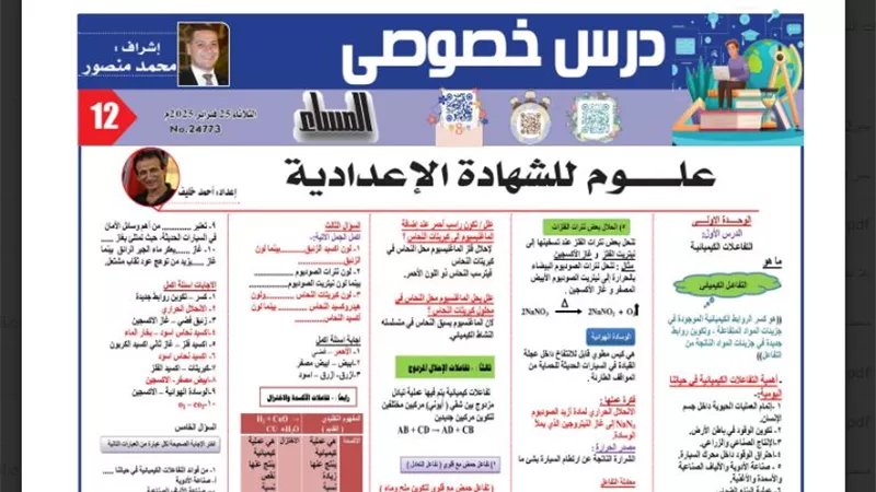 مراجعه علي التفاعلات الكيميائية للشهاده الاعدادية2025
