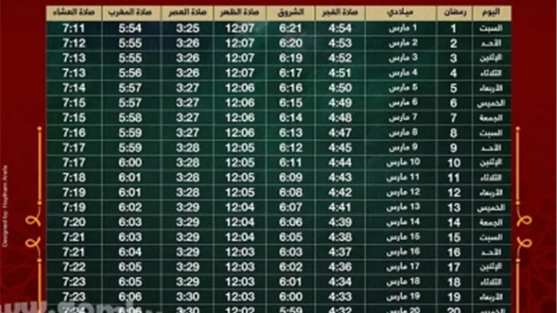 إمساكية رمضان 2025 وموعد السحور و الإفطار أول يوم