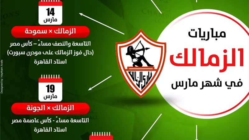مواعيد مباريات الزمالك في شهر مارس .. انفوجراف