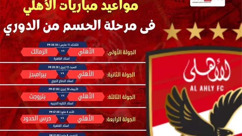 مواعيد مباريات الأهلي فى مرحلة الحسم من الدوري.. إنفوجراف
