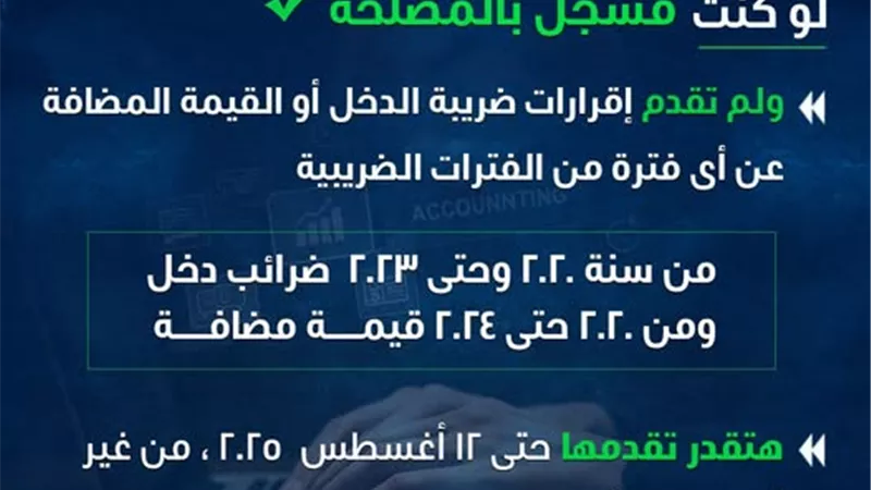 تيسيرات ضريبية.. مهلة حتى 12 أغسطس لتقديم الإقرارات المتأخرة بدون غرامات