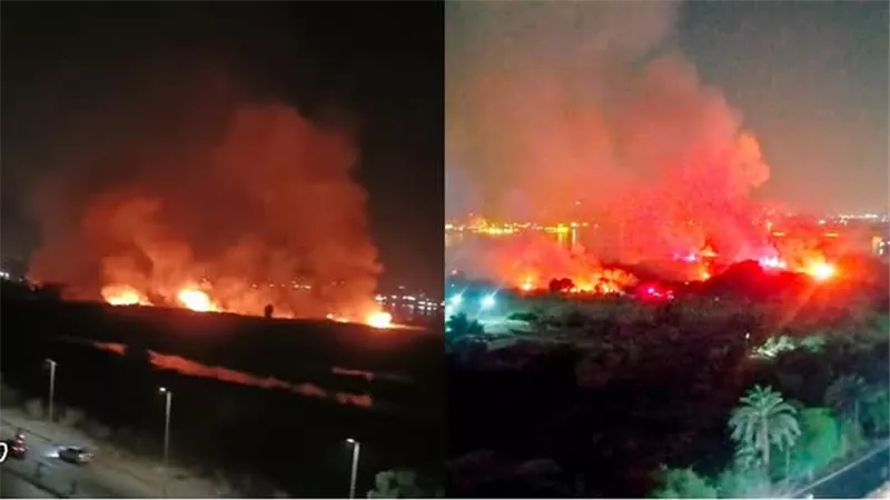 حريق ضخم في كميات من الهيش والمخلفات بحدائق حلوان والحماية المدنية تحاول السيطرة على النيران
