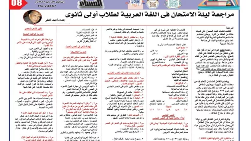 مراجعة ليلة امتحان الأدب في اللغة العربية لـ الصف الأول الثانوي