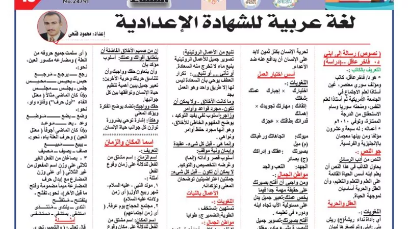مراجعة ليلة امتحان اللغة العربية لـ الصف الثالث الاعدادي