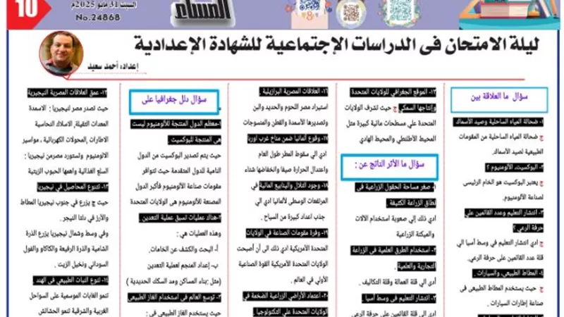 أقوى الأسئلة في الجغرافيا لطلاب للشهادة الإعدادية 2025