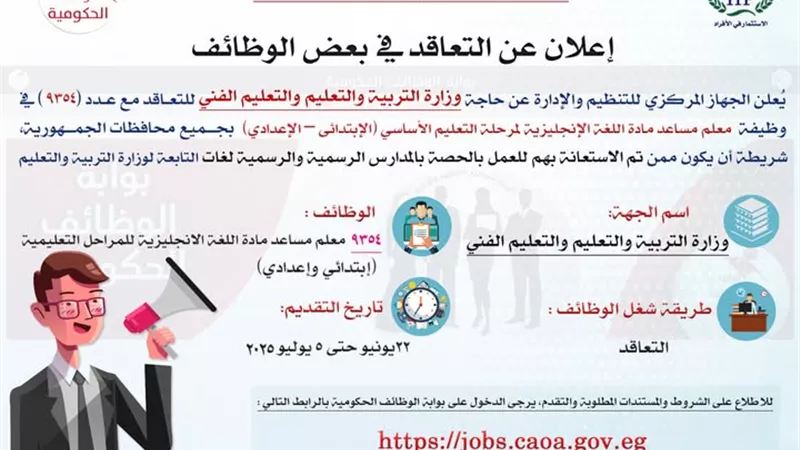 مسابقة لتعيين 9354 معلم مساعد لغة إنجليزية بوزارة التعليم بالحصة