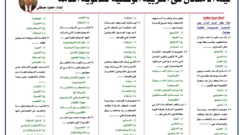أسئلة ليلة الامتحان في التربية الوطنية للصف الثالث الثانوي 2025