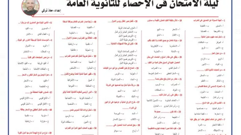 69 سؤال في الاحصاء للصف الثالث الثانوي 2025