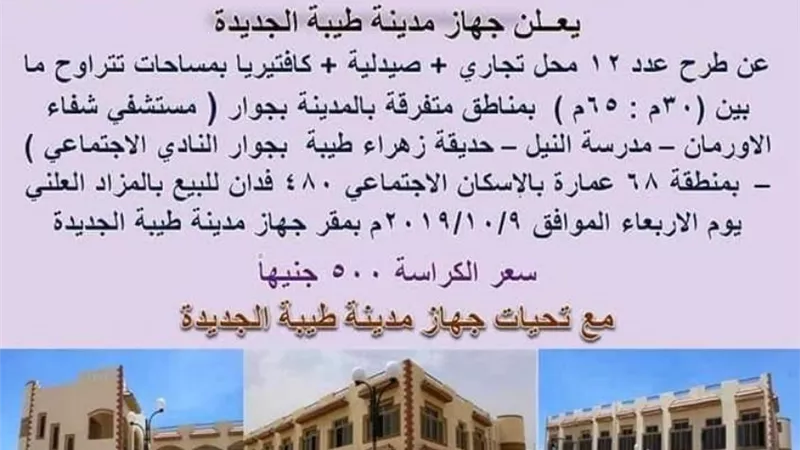طرح 12 محلا تجاريا و 480 فدان بمدينة طيبة الجديدة بالأقصر