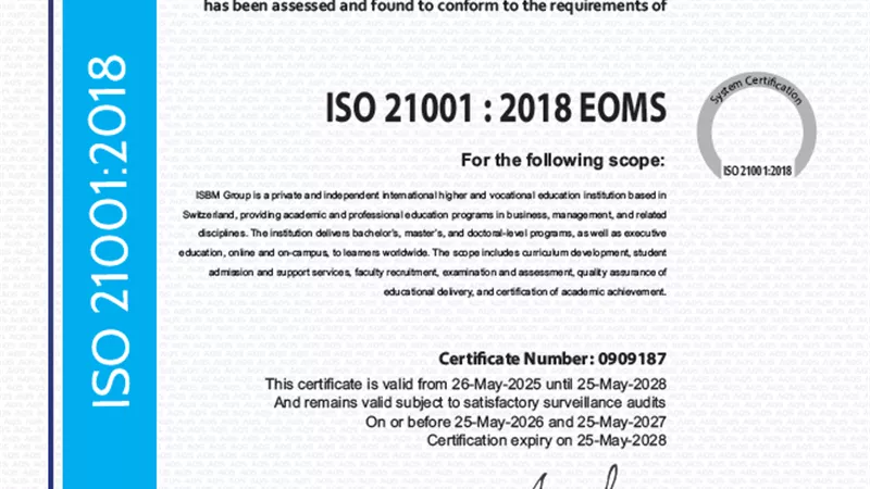 الجامعة السويسرية الدولية (SIU) تحصل على شهادة ISO 21001:2018 – تأكيد الالتزام بالمعايير العالمية للجودة في التعليم