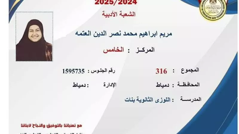 مدير تعليم دمياط يهنئ مريم خامس الجمهورية أدبي
