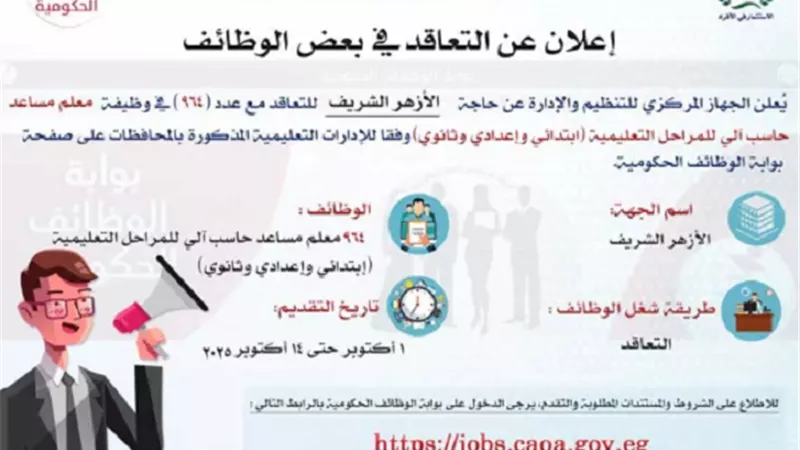 فرص عمل جديدة.. 964 معلم مساعد حاسب آلي بالأزهر الشريف