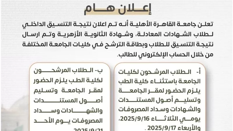 جامعة القاهرة الأهلية تعلن نتيجة تنسيق الشهادات المعادلة