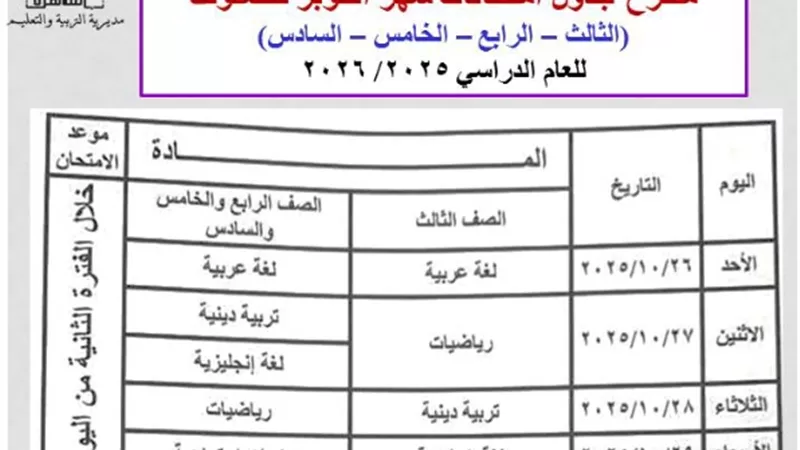 جدول امتحانات شهر أكتوبر للمرحلة الإبتدائية بالقاهرة