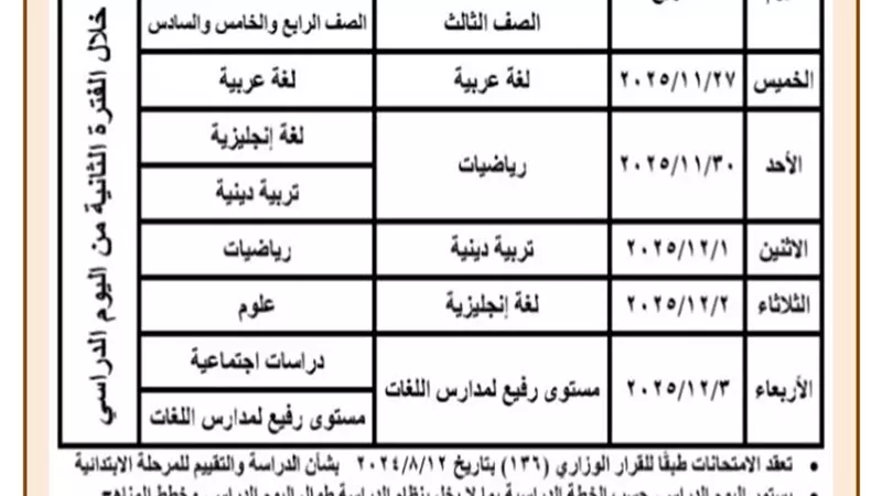 ننشر جداول امتحانات نوفمبر للصفوف من الثالث إلى السادس الابتدائي