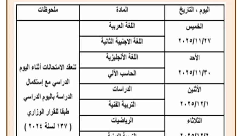 تعرف على جداول امتحانات نوفمبر للصفين الأول والثاني الإعدادي