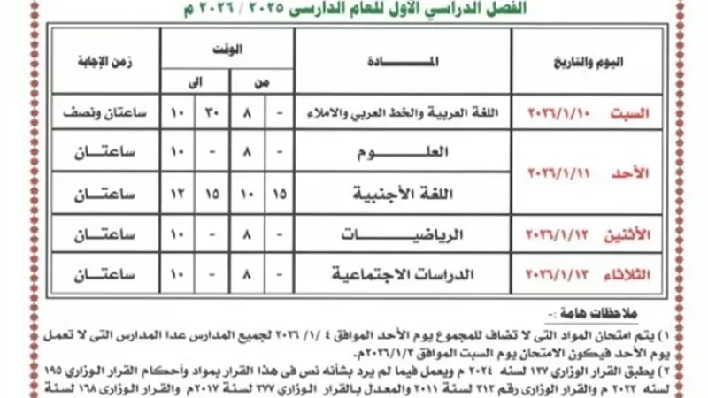 ننشر جداول امتحانات الترم الأول للصفين الأول والثاني الاعدادي بالغربية